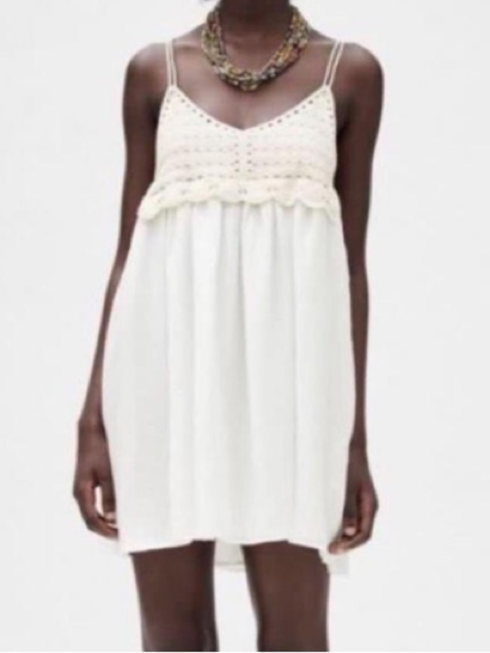 Zara White Crochet-Gauze Babydoll Mini Dress - Picture 1 of 6